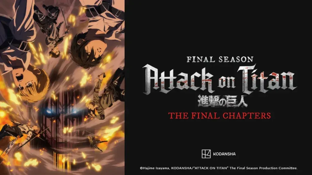 Pôster de Attack on Titan The Final Chapters, um dos grandes destaques do Anime Awards 2025, que recebeu o prêmio inédito de Global Impact Award por sua influência cultural duradoura.