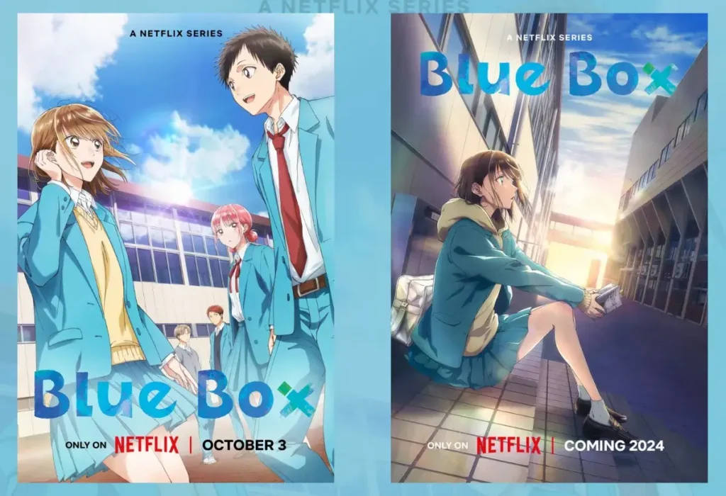 Montagem de pôsteres de Blue Box, um dos destaques do Anime Awards 2025 e vencedor da categoria Melhor Romance, com os protagonistas em seu cativante ambiente escolar e esportivo.
