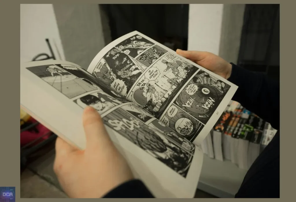 A Incrível História do Manhwa: Da Origem na Coreia à Revolução Global dos Webtoons 10 Leitor folheando um manhwa impresso em preto e branco, representando a indústria de quadrinhos coreanos durante a grande crise dos anos 90 que quase levou ao seu fim.