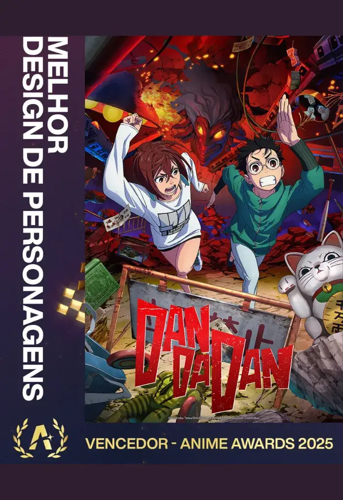 Top 5 Animes Mais Premiados no Crunchyroll Anime Awards 2025 3 Pôster de DAN DA DAN, um dos animes mais premiados no Crunchyroll Anime Awards 2025 por sua originalidade, com destaque para suas vitórias em Melhor Design de Personagem e Melhor Abertura.