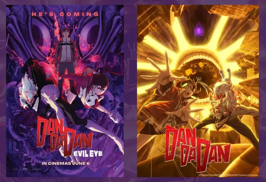 Montagem com pôsteres da segunda temporada de Dandadan, um dos mais aguardados retornos de animes no Verão 2025, com os protagonistas Momo e Okarun prontos para a ação.