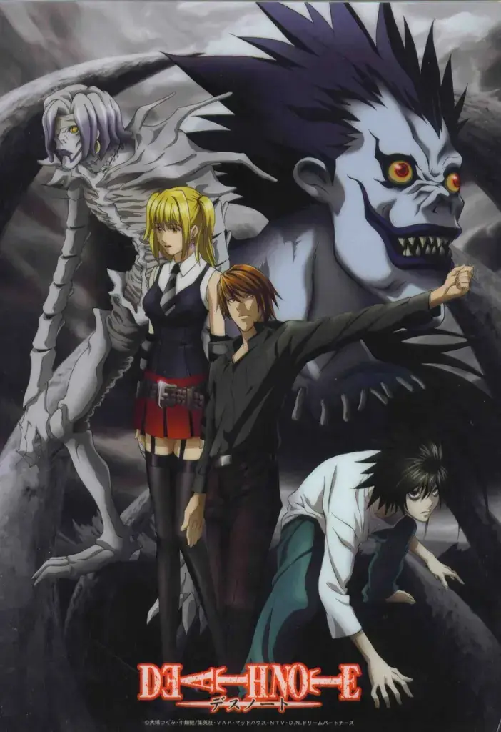 Pôster do anime Death Note com os personagens Light Yagami, L e o shinigami Ryuk, uma aula sobre a corrupção pelo poder, tema central em animes de fantasia sombria.