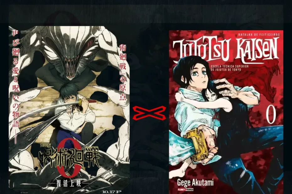 Análise comparativa das diferenças entre o filme e o mangá de Jujutsu Kaisen 0, mostrando as capas de ambas as versões da história de Yuta Okkotsu.