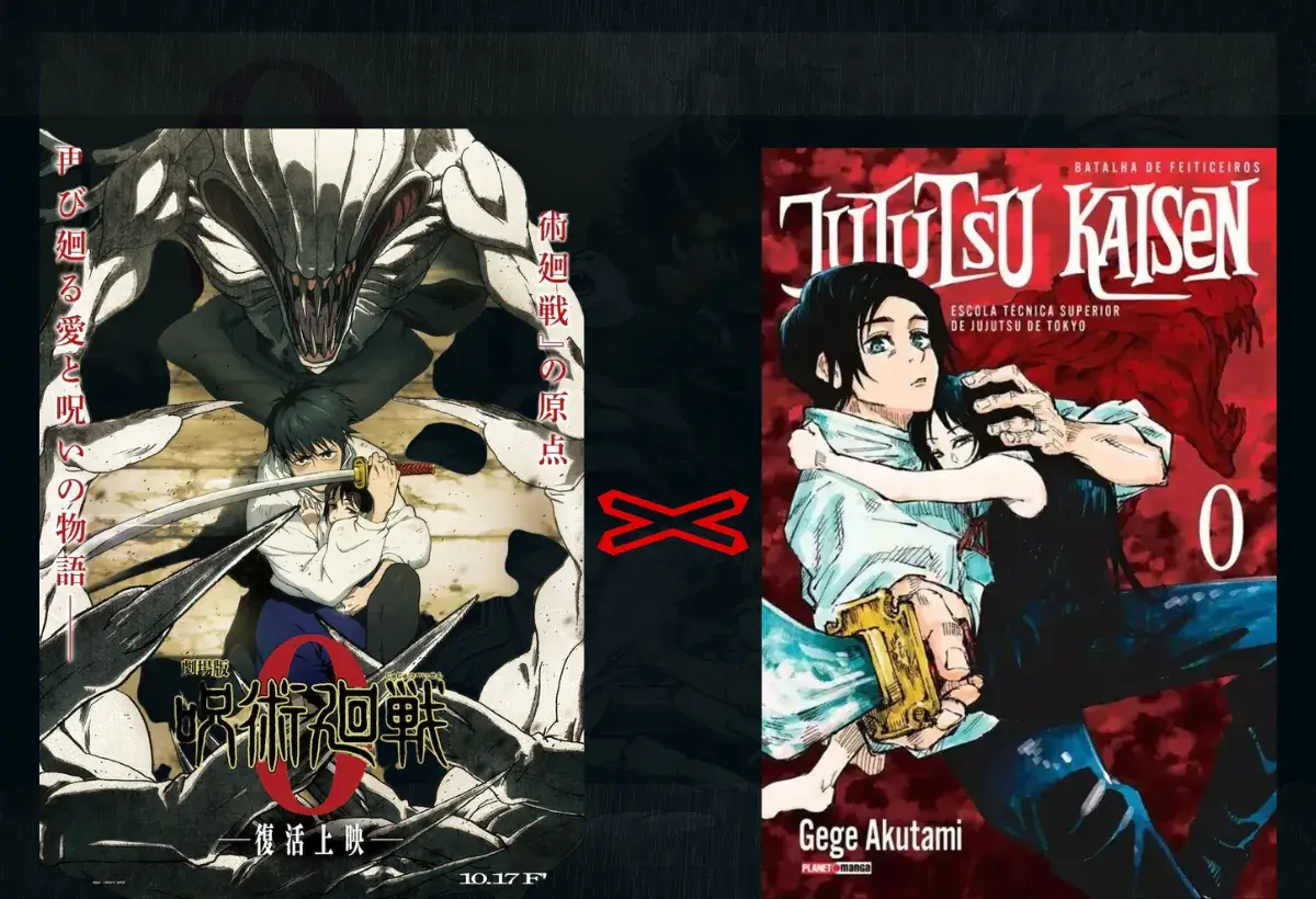 Análise comparativa das diferenças entre o filme e o mangá de Jujutsu Kaisen 0, mostrando as capas de ambas as versões da história de Yuta Okkotsu.
