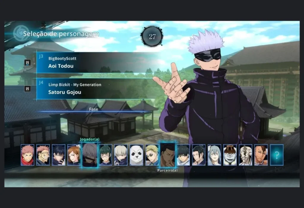 Tela de seleção de personagens do jogo Jujutsu Kaisen Cursed Clash, mostrando o elenco inicial e a necessidade de DLCs para personagens importantes como Yuta e Geto.