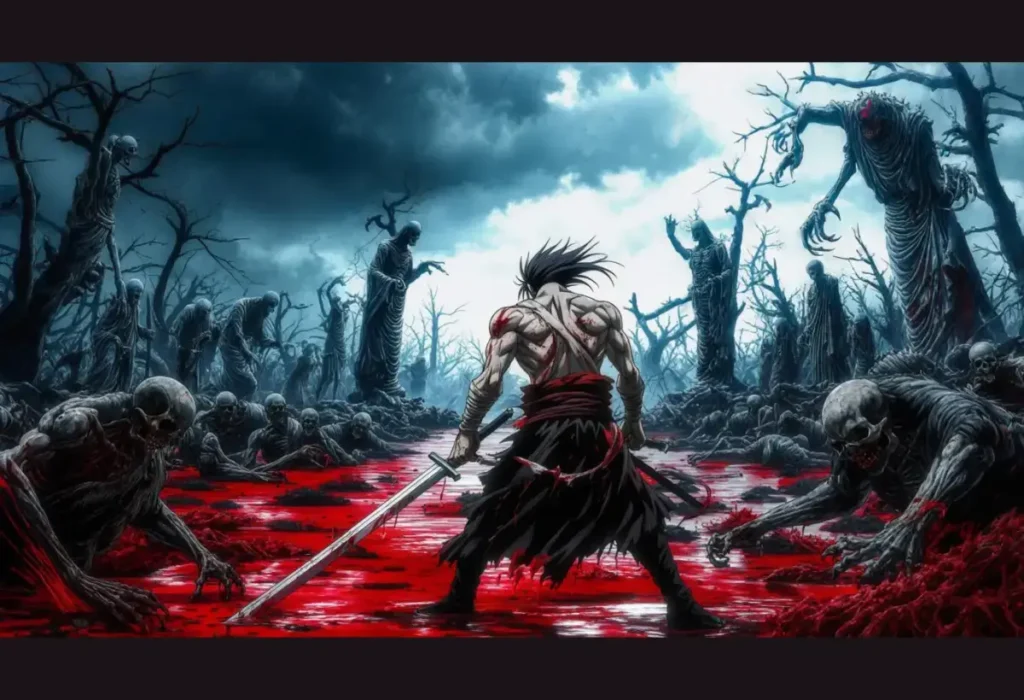 Fantasia sombria: Desvendando a Profundidade e o Impacto Desse Gênero Cativante em Animes, Mangás e Manhwas 1 Guerreiro musculoso e ferido enfrenta uma horda de mortos-vivos em um rio de sangue, ilustrando como a fantasia sombria usa a violência e o horror para explorar a resiliência humana, indo além do terror.
