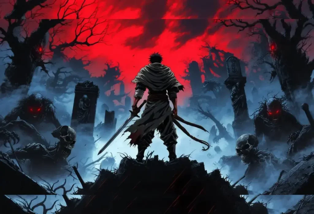 Um guerreiro solitário de costas, segurando uma katana, em um cemitério gótico cercado por monstros e caveiras sob um céu vermelho-sangue, representando a essência do gênero fantasia sombria.