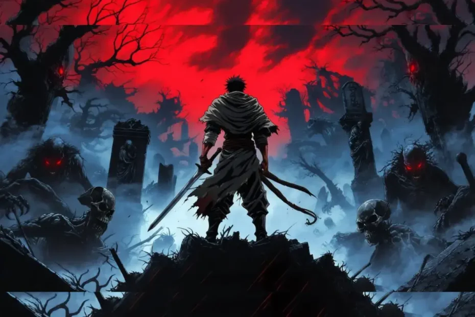 Um guerreiro solitário de costas, segurando uma katana, em um cemitério gótico cercado por monstros e caveiras sob um céu vermelho-sangue, representando a essência do gênero fantasia sombria.
