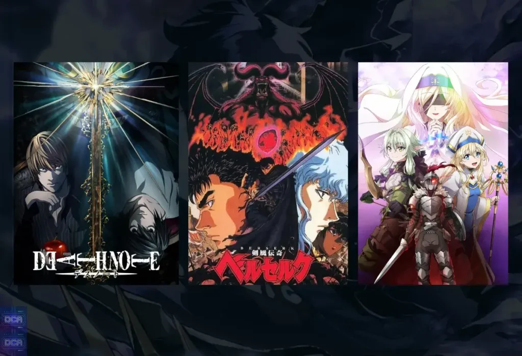 Montagem com os animes de fantasia sombria Death Note, Berserk e Goblin Slayer, recomendando Death Note como o melhor ponto de partida para iniciantes no gênero.