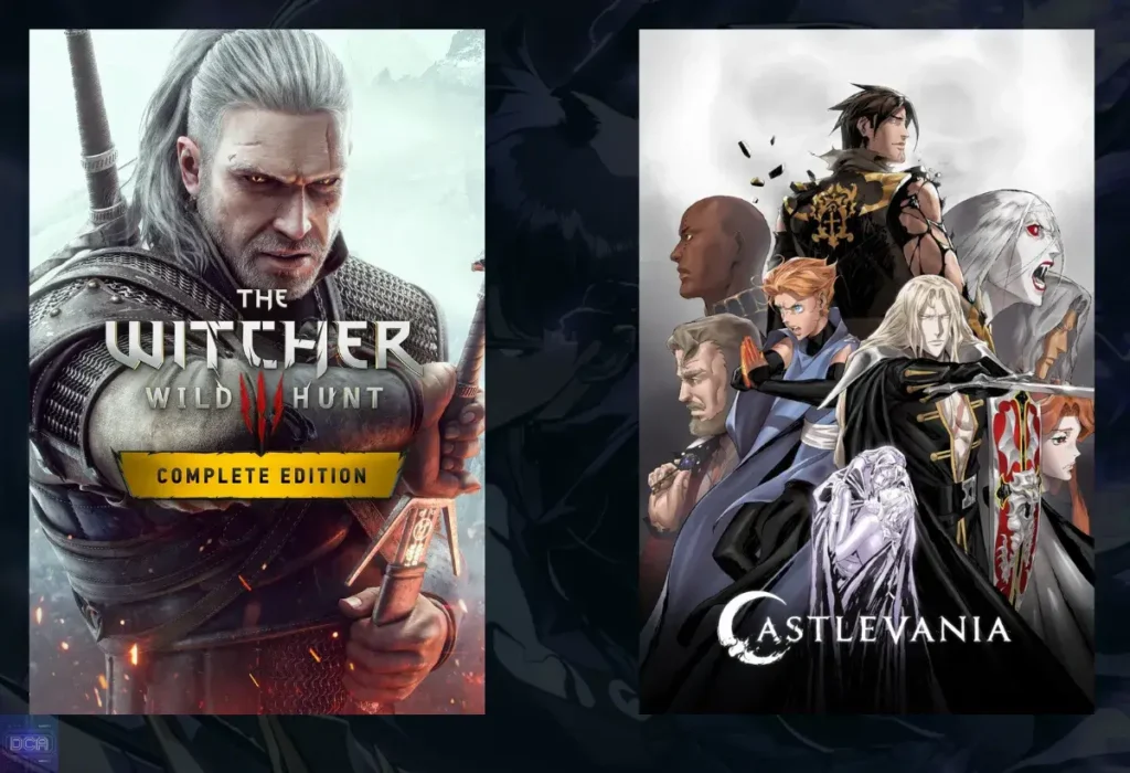 Fantasia sombria: Desvendando a Profundidade e o Impacto Desse Gênero Cativante em Animes, Mangás e Manhwas 6 Montagem recomendando obras de fantasia sombria para iniciantes, com a capa do jogo The Witcher 3 e a arte do anime Castlevania da Netflix, duas ótimas portas de entrada para o gênero.