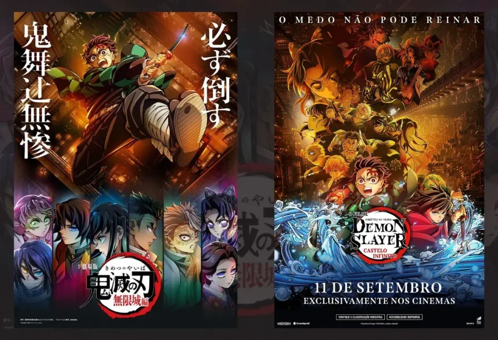 Pôsteres do filme Kimetsu no Yaiba Castelo Infinito, o mais importante dos animes 2025 filmes, com Tanjiro e os Hashiras prontos para a batalha final contra Muzan.