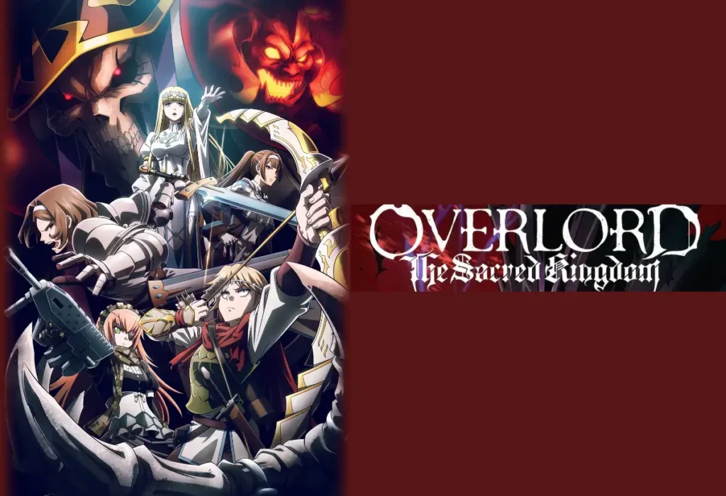 Pôster oficial do filme Overlord: O Reino Sagrado, ilustrando o conflito sombrio no Holy Kingdom com Ainz Ooal Gown ao centro, a determinada Neia Baraja e a ameaça de Jaldabaoth, pano de fundo para a manipulação e criação de um deus.