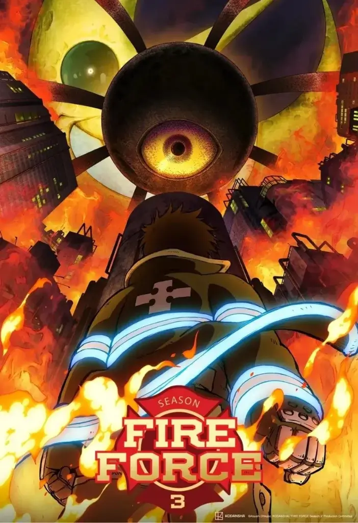 Novidades de Fire Force: Guia Completo e o Futuro da 3ª Temporada! 16 Pôster oficial da 3ª temporada de Fire Force, que marca a mudança para o Studio Shaft, mostrando um bombeiro diante da catástrofe iminente, ilustrando a ficha técnica da temporada de 2025.