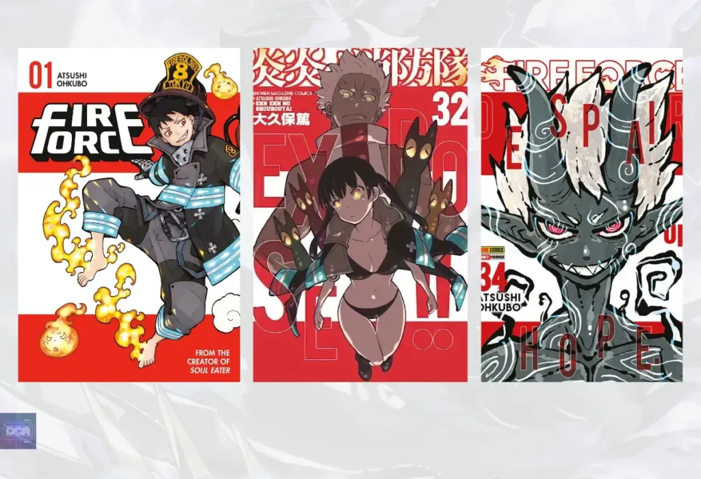 Novidades de Fire Force: Guia Completo e o Futuro da 3ª Temporada! 21 Montagem com as capas do início ao fim do mangá de Fire Force, ilustrando o material original que o anime adapta fielmente ao longo de suas temporadas.