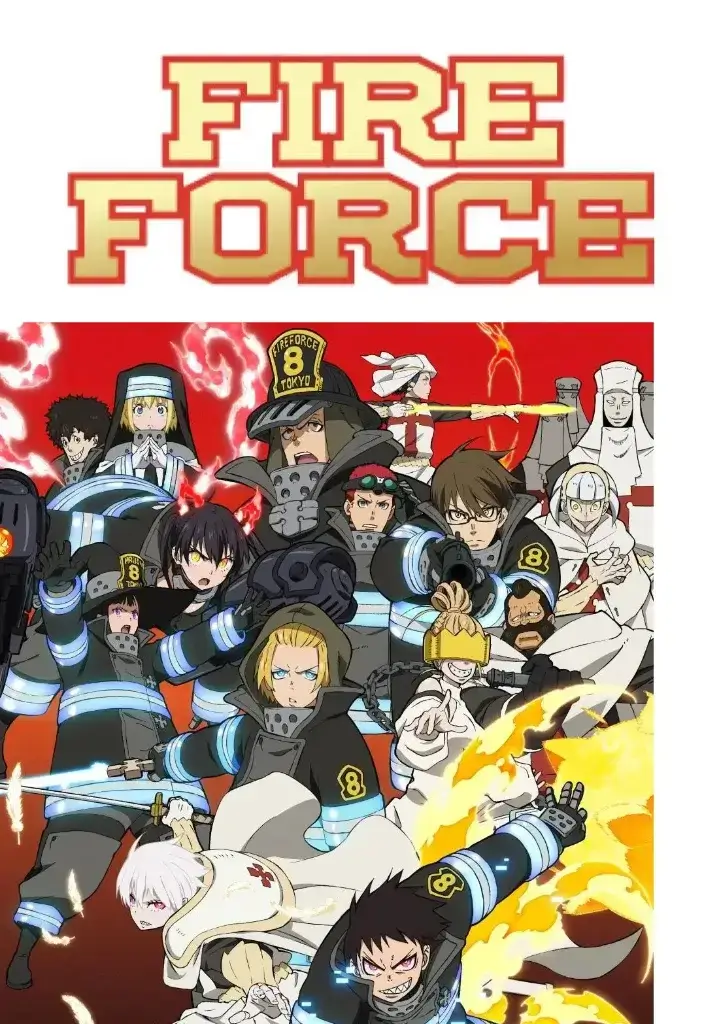 Novidades de Fire Force: Guia Completo e o Futuro da 3ª Temporada! 13 Pôster oficial do anime Fire Force (Enen no Shouboutai) reunindo os personagens das Brigadas de Incêndio Especiais, ilustrando a ficha técnica da obra shonen de Atsushi Ōkubo.
