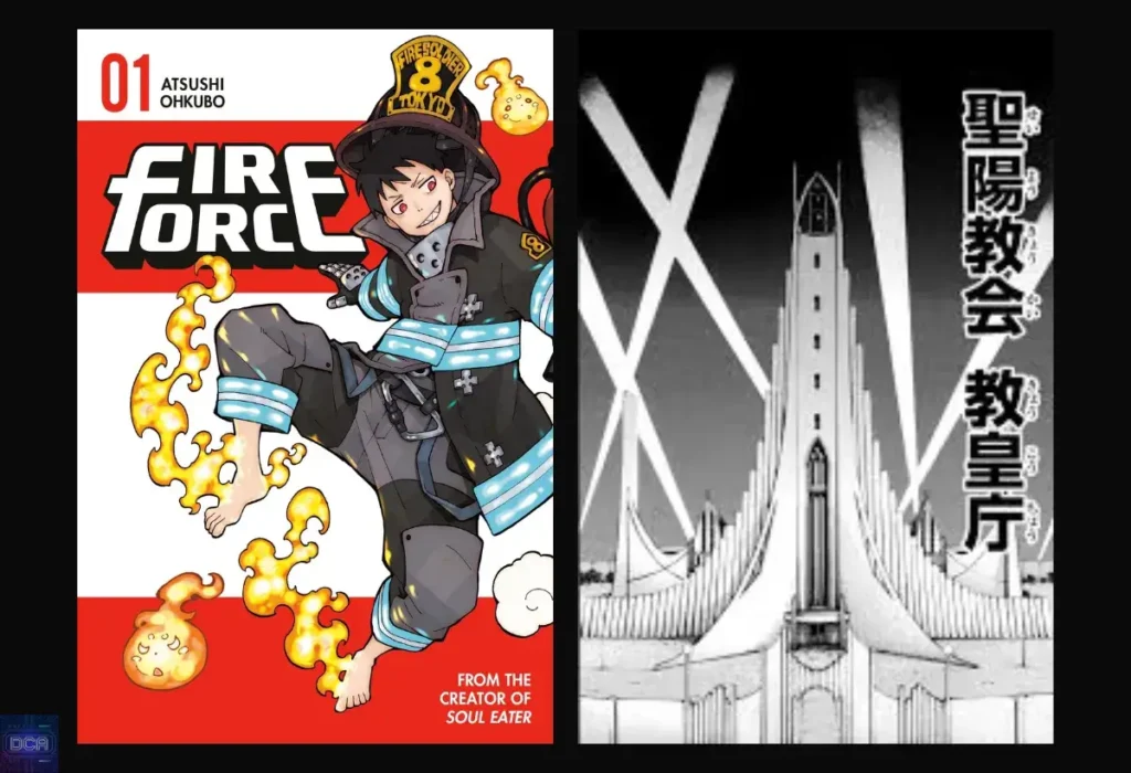Novidades de Fire Force: Guia Completo e o Futuro da 3ª Temporada! 17 Montagem sobre as curiosidades de Fire Force, mostrando a capa do mangá de Atsushi Ōkubo e a imponente arquitetura da Igreja do Sol Sagrado, elementos centrais do impacto cultural da obra.