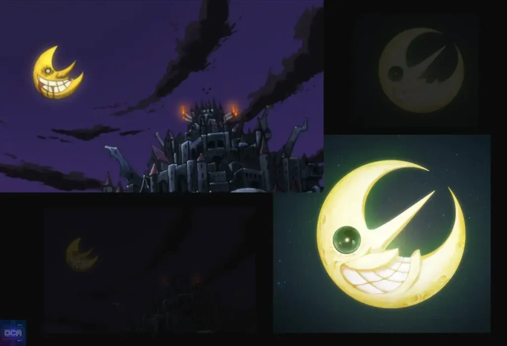 Novidades de Fire Force: Guia Completo e o Futuro da 3ª Temporada! 18 Montagem comparando a lua sorridente sinistra nos animes Fire Force e Soul Eater, a maior evidência visual da conexão canônica de que Fire Force é um prequel da obra de Atsushi Ōkubo.