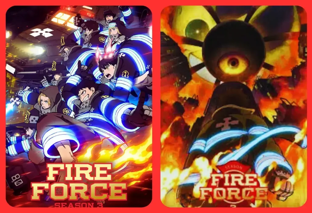 Montagem com os banners da terceira e última temporada de Fire Force, mostrando a conclusão da jornada da Oitava Brigada e as revelações sobre o passado de Shinra.
