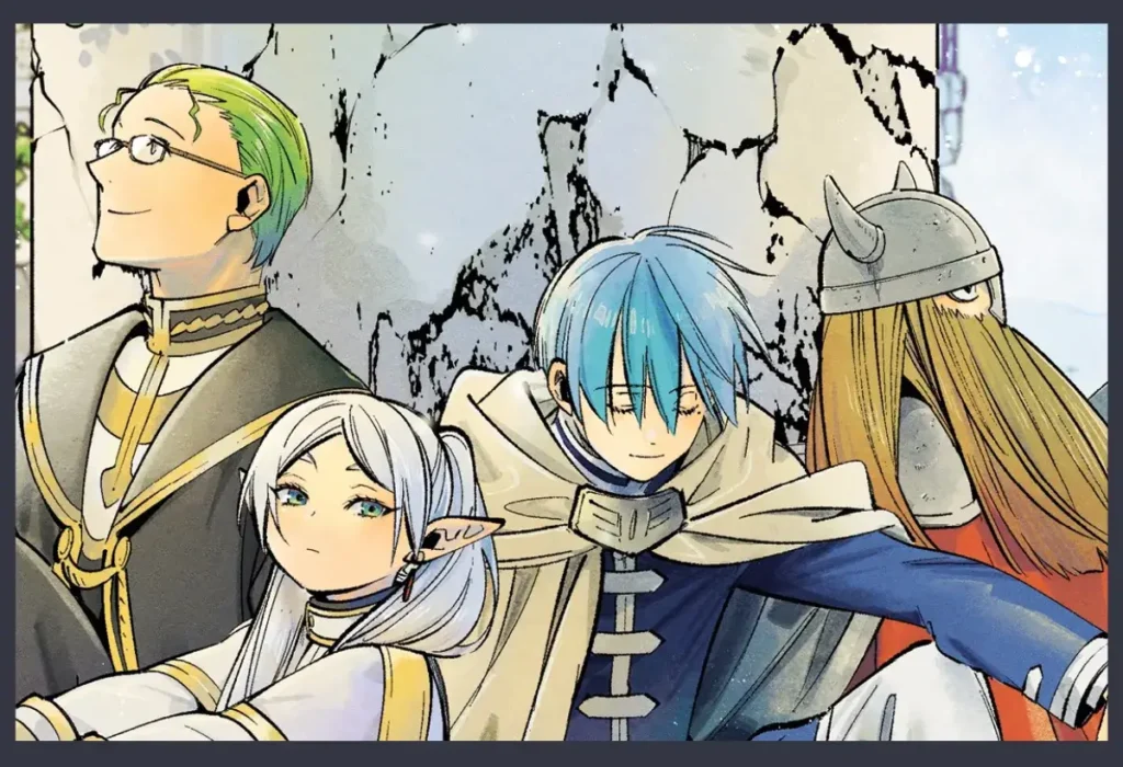 Frieren: Beyond Journey's End – A Maestria por Trás dos Prêmios no Anime Awards 2025 7 Arte de Frieren com seu grupo original de heróis — Himmel, Heiter e Eisen — ilustrando a fonte do drama imersivo do anime, aclamado como Melhor Drama no Anime Awards 2025.
