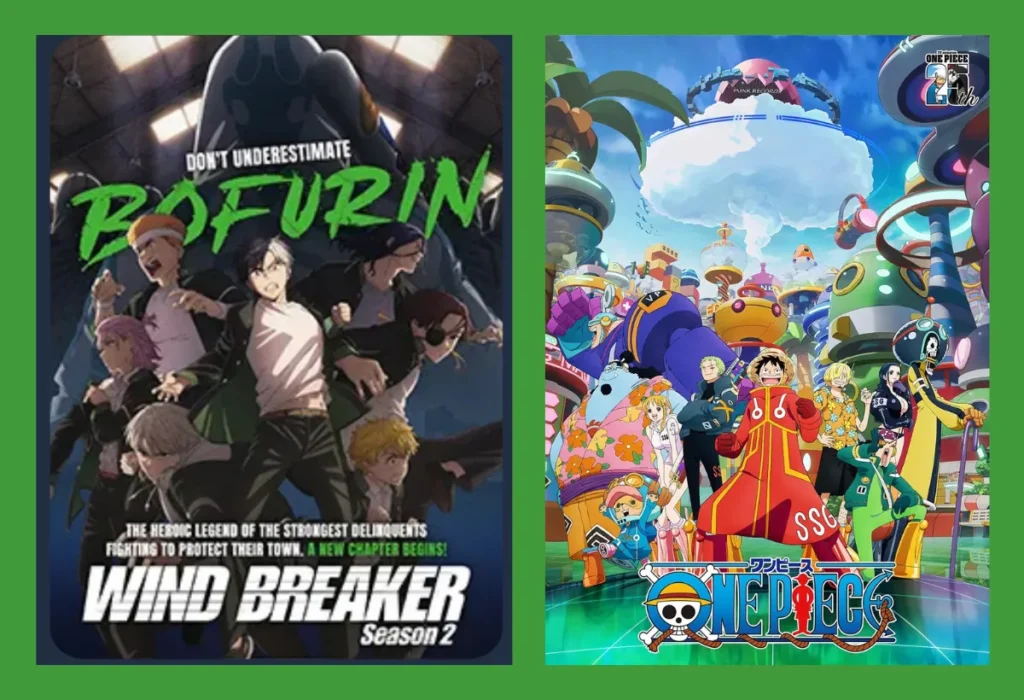 Montagem com os banners de One Piece (Arco Egghead) e da 2ª temporada de Wind Breaker, dois dos grandes nomes que se destacaram na temporada de animes de abril de 2025.