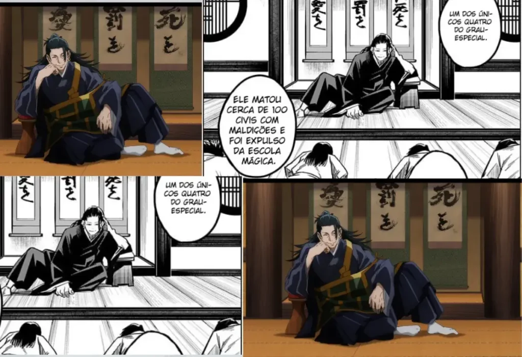 O plano de Suguru Geto em Jujutsu Kaisen 0: painéis do mangá mostrando o antagonista e seu objetivo de capturar Rika para iniciar o Desfile Noturno dos Cem Demônios.