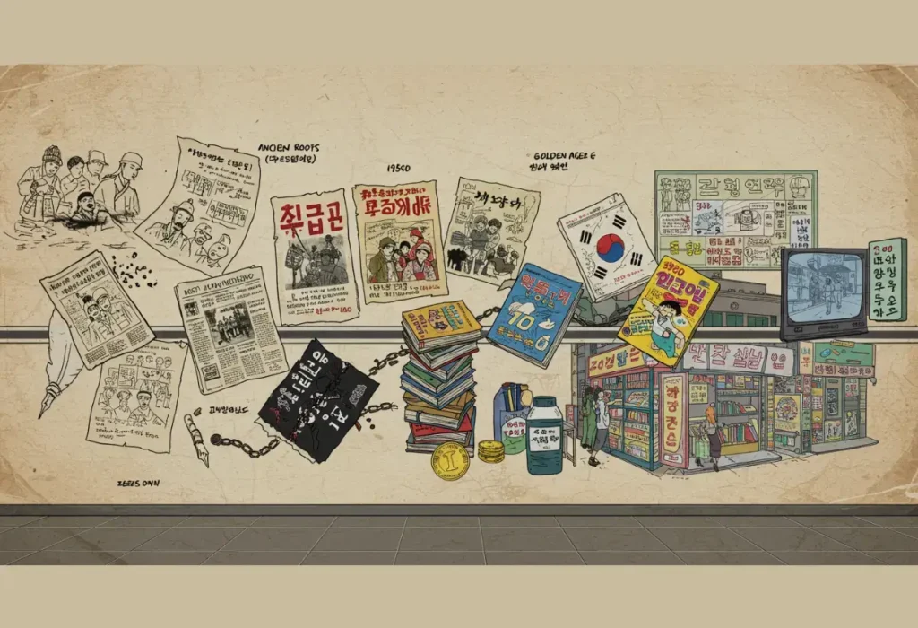 Capa dramática contrastando a história do manhwa: à esquerda a censura militar de 1970 queimando os quadrinhos, e à direita a revolução webtoon digital colorida, ressaltando o tema principal do artigo.