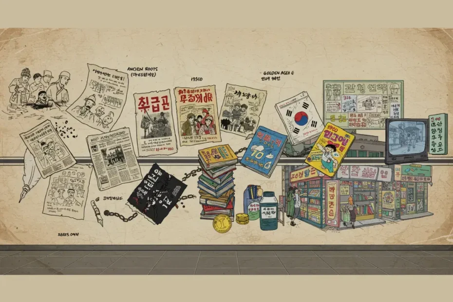 Ilustração em estilo mural que retrata a completa história do manhwa, desde sua origem nos jornais da Coreia, passando pela censura e a era impressa, até a revolução global dos webtoons.