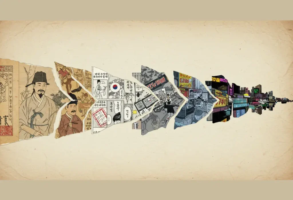 Manhwa: Guia Completo para Iniciantes no Fascinante Mundo dos Quadrinhos Coreanos. 5 Infográfico visual sobre a história do Manhwa, mostrando sua evolução desde a arte tradicional coreana, passando pelos quadrinhos impressos, até a era digital e global dos webtoons.