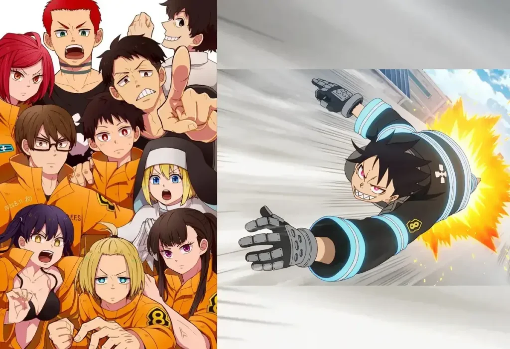 Novidades de Fire Force: Guia Completo e o Futuro da 3ª Temporada! 12 Montagem ilustrando a história de Fire Force, com a Oitava Brigada à esquerda e seu principal membro, Shinra Kusakabe, à direita, usando sua habilidade 'Pegadas do Demônio' para se impulsionar.