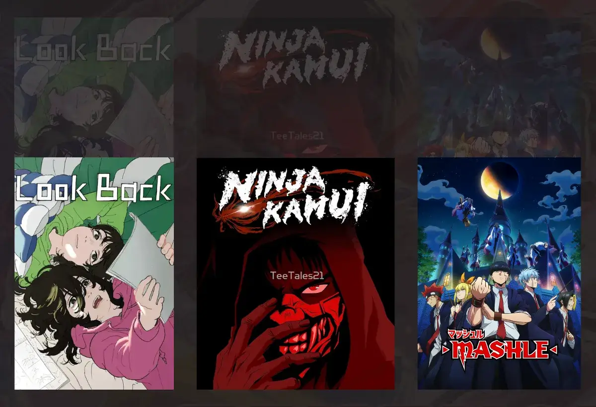 Montagem com os animes Look Back, Ninja Kamui e Mashle, exemplos das jóias escondidas do Anime Awards 2025 que são destaques aclamados pela crítica e que merecem ser assistidos.