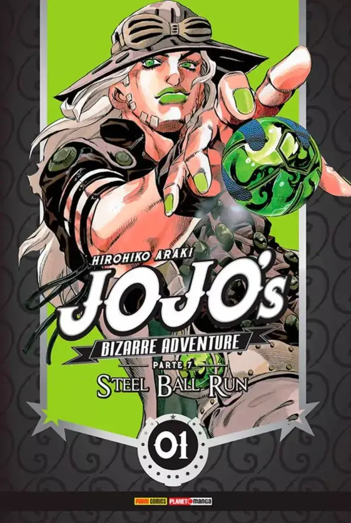 Capa do volume 1 de Jojo’s Bizarre Adventure: Parte 7 – Steel Ball Run, o lançamento mais aguardado de abril de 2025 pela editora Panini no Brasil.