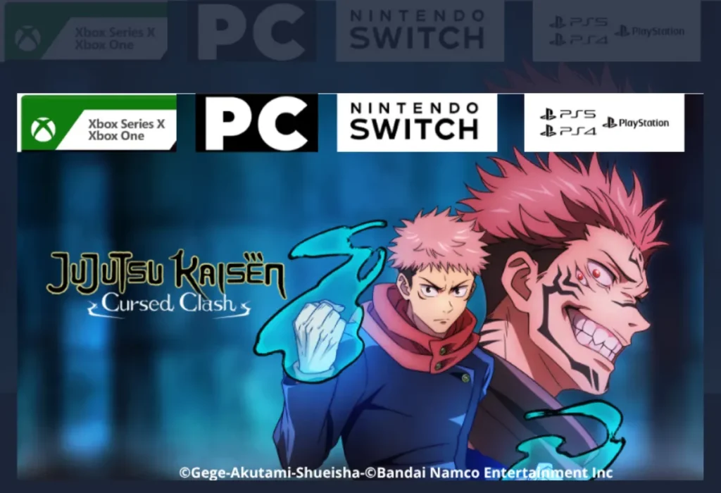 Review completo do jogo Jujutsu Kaisen Cursed Clash, com montagem dos banners de divulgação do game de luta 2v2 da Bandai Namco.