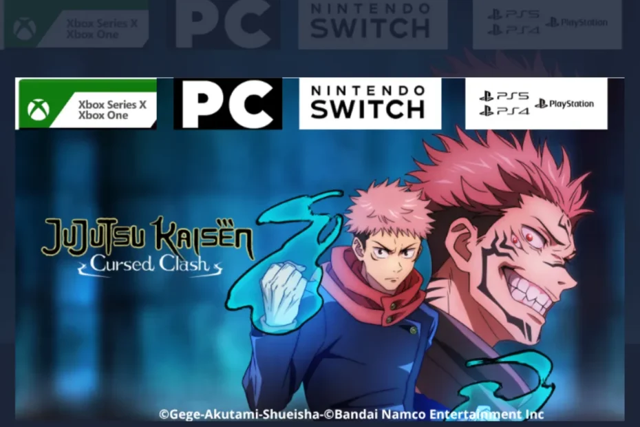 Review completo do jogo Jujutsu Kaisen Cursed Clash, com montagem dos banners de divulgação do game de luta 2v2 da Bandai Namco.