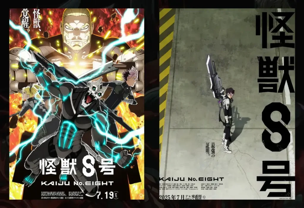Pôsteres da 2ª temporada de Kaiju Nº 8, um dos principais animes da temporada de Verão 2025, mostrando Kafka Hibino e a Força de Defesa em artes promocionais.