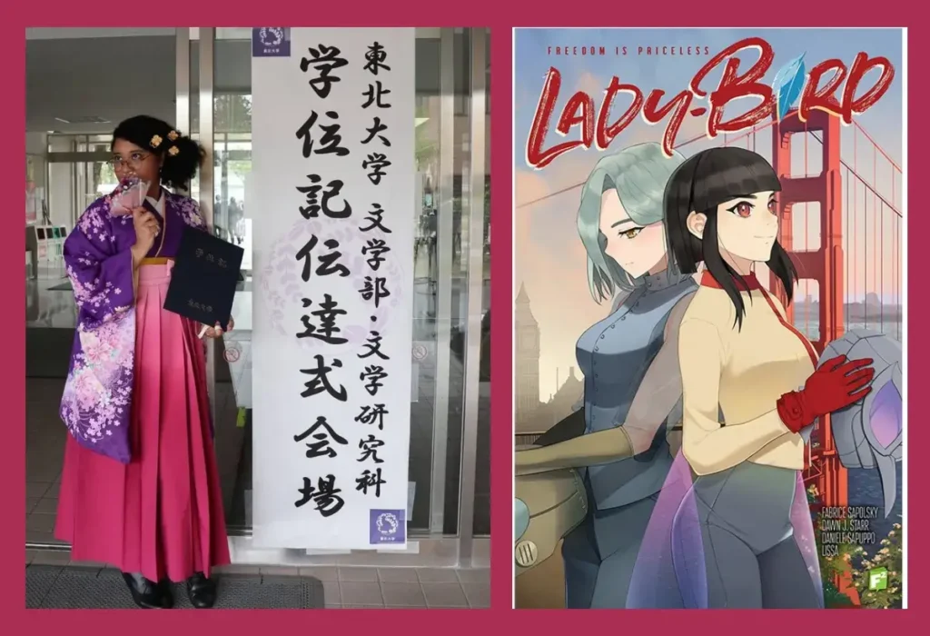 Mulheres Mangakas: A Revolução Silenciosa que Moldou o Mangá Moderno 20 Montagem representando as mangakas brasileiras: à esquerda, Marina de Melo do Nascimento em sua formatura no Japão, e à direita, a capa de 'Lady-Bird Begins' da artista LISSA, exemplos do talento nacional no cenário do mangá.