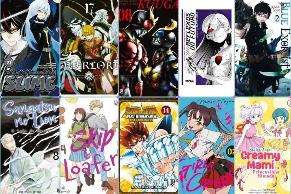 Guia completo dos mangás lançamentos de abril de 2025 no Brasil, com uma montagem de capas de diversas editoras como Panini e JBC, incluindo títulos como Slime, Overlord e Blue Exorcist.