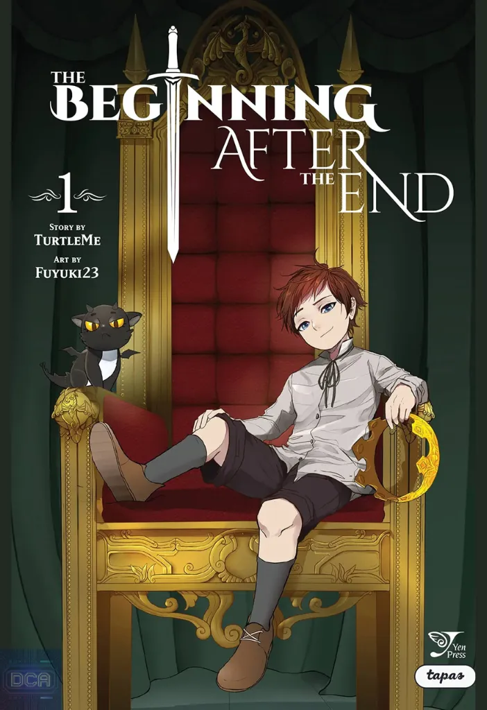 Top 5 manhwas para fãs de fantasia sombria. 3 Capa do manhwa The Beginning After the End, mostrando o protagonista Arthur Leywin como uma criança sentada em um trono, simbolizando sua reencarnação como um rei em um novo mundo de fantasia.