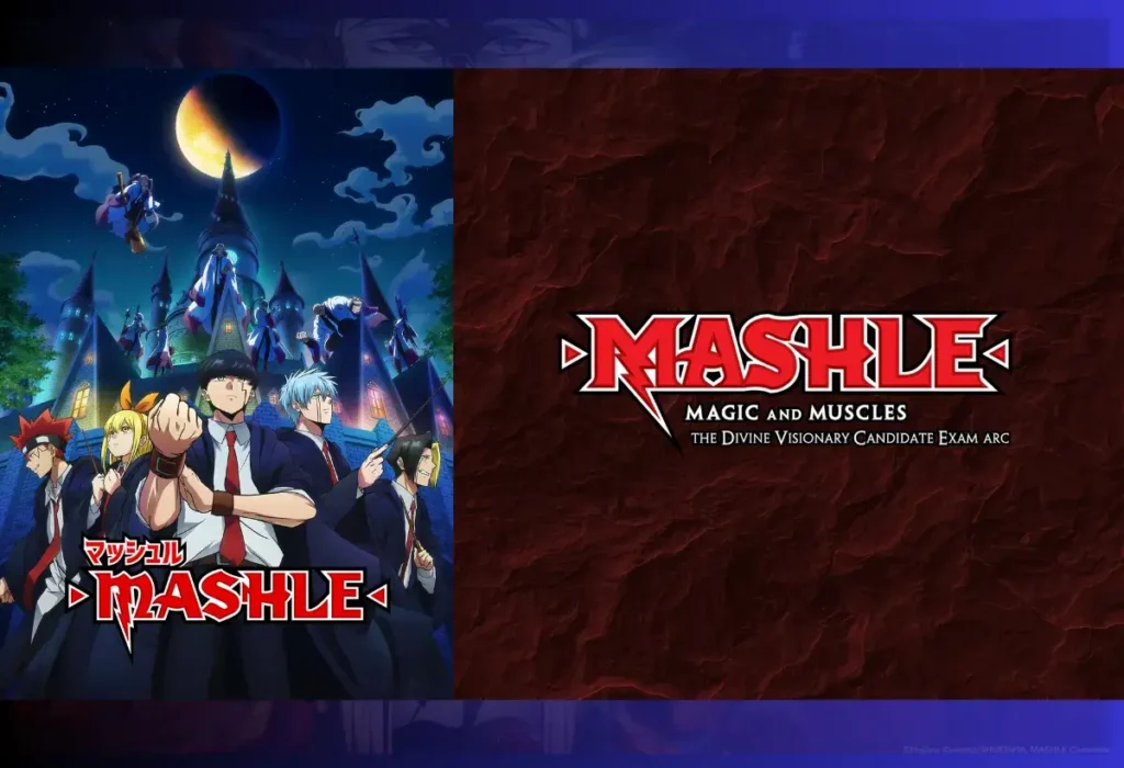 Pôster de MASHLE: MAGIC AND MUSCLES, um dos destaques do Anime Awards 2025 e vencedor da categoria Melhor Comédia, com seus personagens em um mundo de magia resolvido pela força.