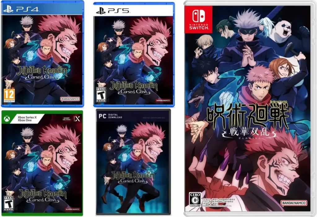 Comparativo das capas de Jujutsu Kaisen Cursed Clash para as diferentes plataformas: PlayStation 5, PS4, Xbox, Nintendo Switch e PC.
