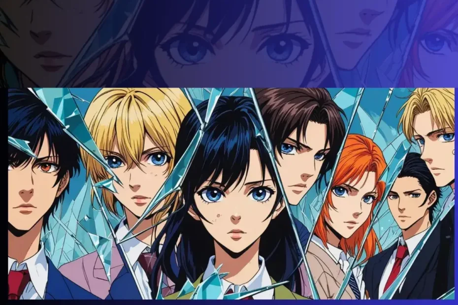 Ilustração com diversos personagens de anime olhando através de um vidro quebrado, representando a lista dos 10 melhores animes para assistir e maratonar após o Anime Awards 2025.