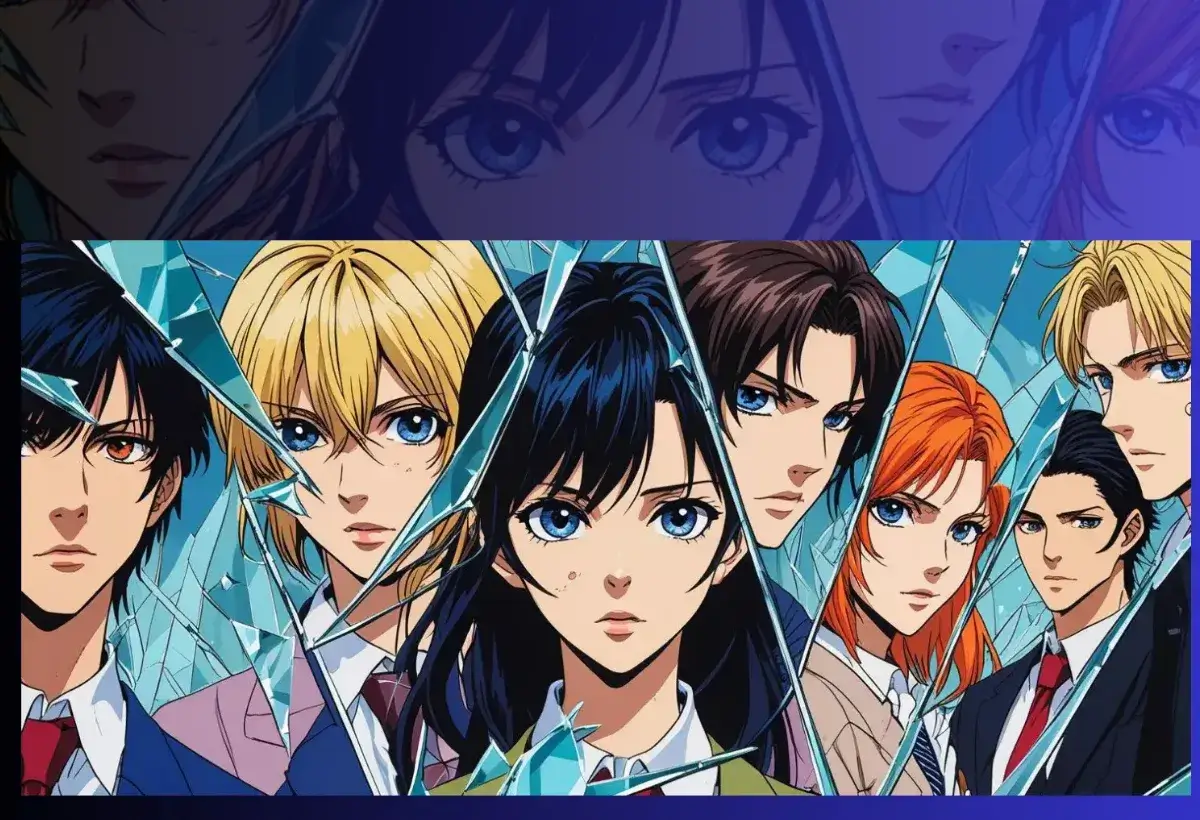 Ilustração com diversos personagens de anime olhando através de um vidro quebrado, representando a lista dos 10 melhores animes para assistir e maratonar após o Anime Awards 2025.