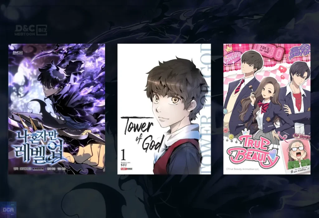 Manhwa: Guia Completo para Iniciantes no Fascinante Mundo dos Quadrinhos Coreanos. 4 Recomendações dos melhores manhwas para iniciantes, com as capas de Solo Leveling (ação), Tower of God (aventura) e True Beauty (romance) para começar a ler quadrinhos coreanos.
