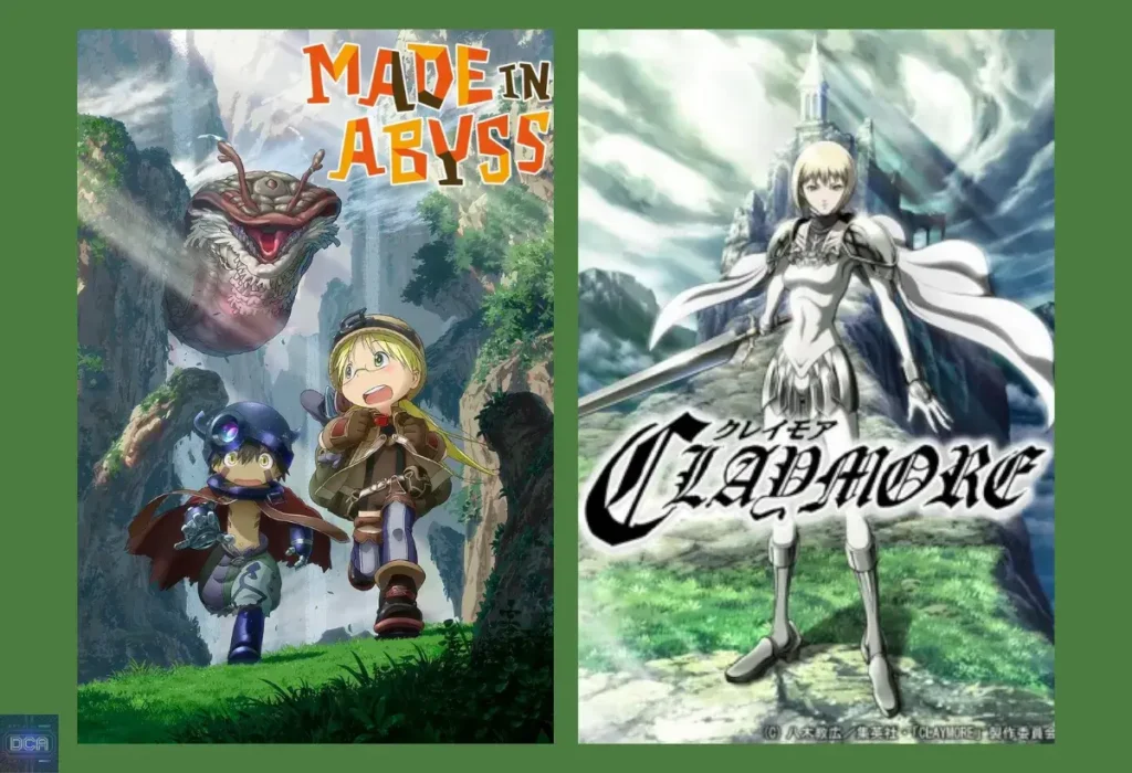 Montagem com as menções honrosas de animes de fantasia sombria, mostrando a arte de Made in Abyss e Claymore, duas obras que exploram a escuridão de formas únicas e impactantes.