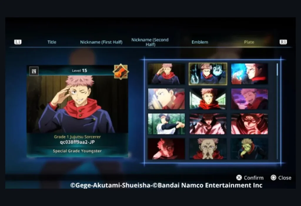 Análise dos modos de jogo e da recepção crítica de Jujutsu Kaisen Cursed Clash, mostrando a tela de customização do perfil online do game.