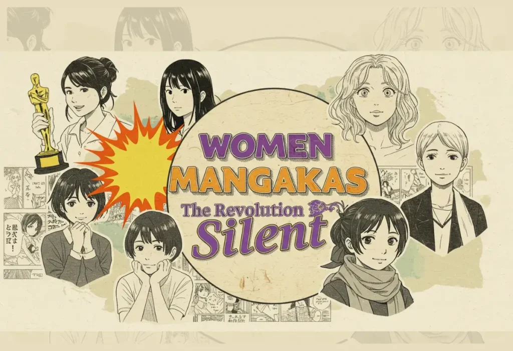 Ilustração celebrando as mulheres mangakas, mostrando diversas personagens femininas de mangá para representar a história e o domínio das criadoras na indústria, desde o shoujo ao shonen.