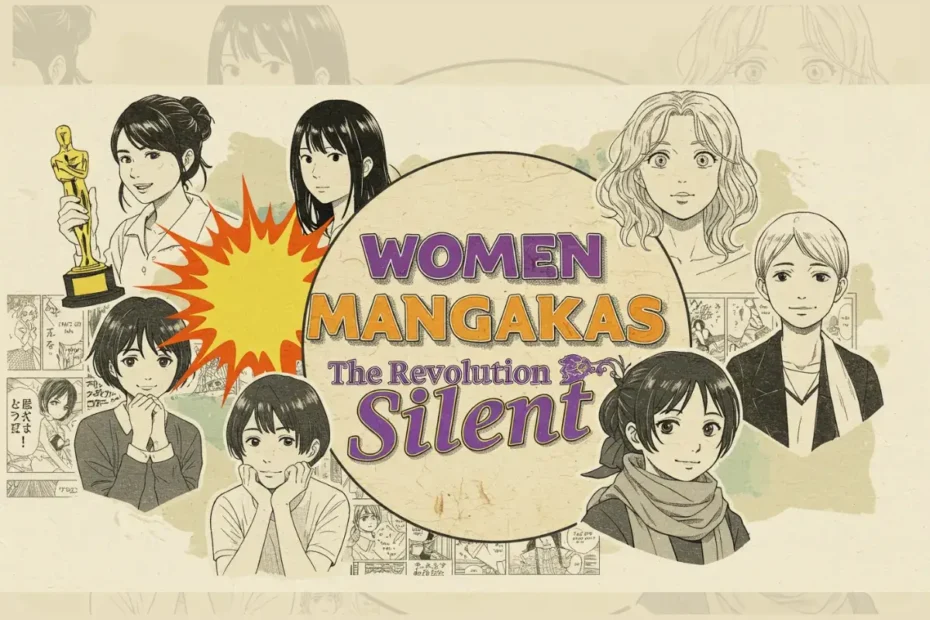 Ilustração celebrando as mulheres mangakas, mostrando diversas personagens femininas de mangá para representar a história e o domínio das criadoras na indústria, desde o shoujo ao shonen.