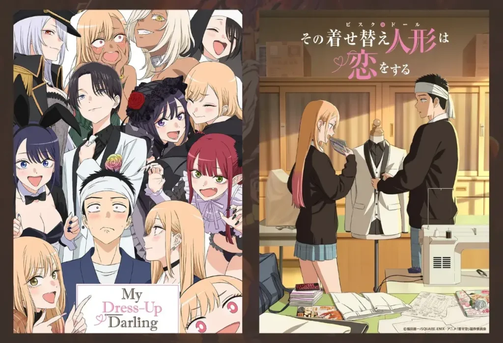 Montagem com os pôsteres da 2ª temporada de My Dress-Up Darling, mostrando Marin Kitagawa e Wakana Gojo, um dos retornos de animes no Verão 2025 mais aguardados.