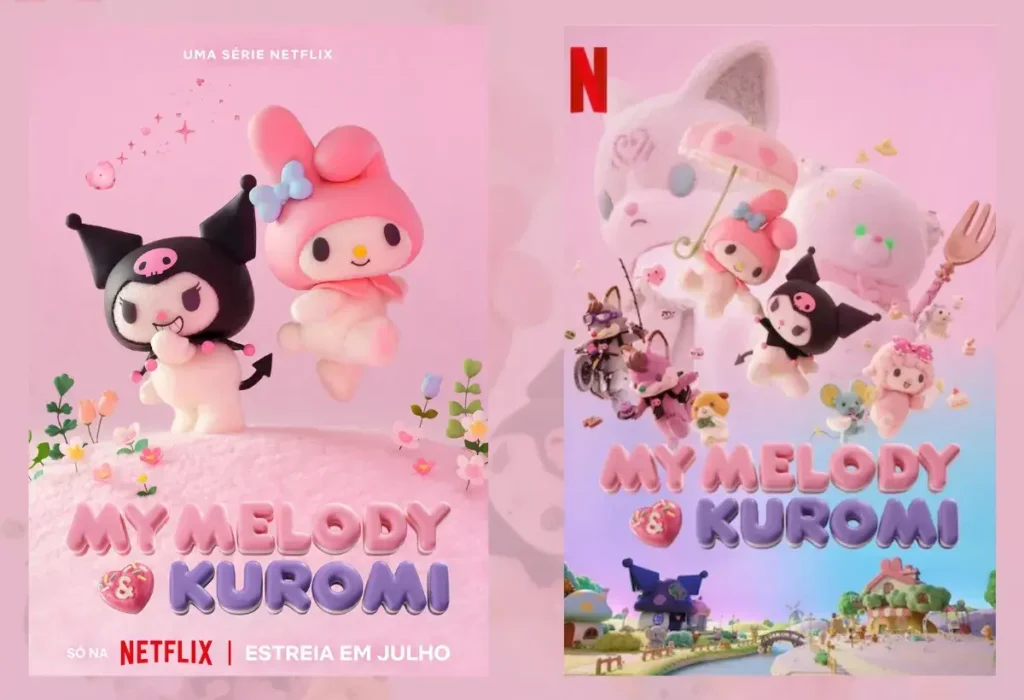 Pôsteres do ONA em stop-motion 'My Melody & Kuromi', um dos mais charmosos ONAs do Verão 2025, produzido pelo WIT STUDIO para a Netflix em comemoração aos personagens da Sanrio.