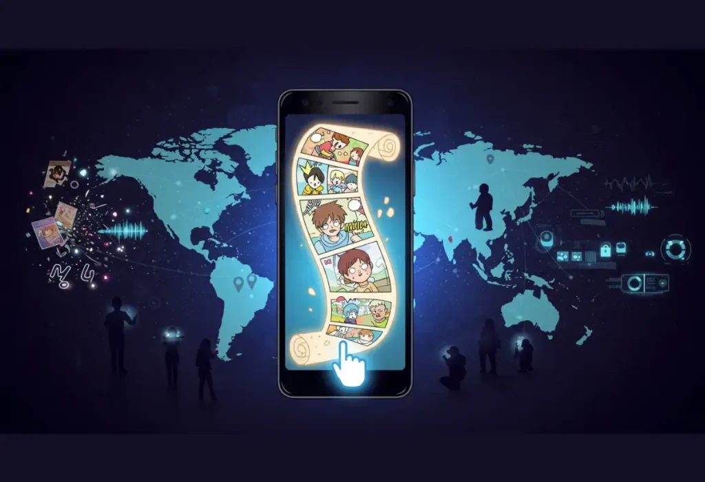 A Incrível História do Manhwa: Da Origem na Coreia à Revolução Global dos Webtoons 11 Ilustração da revolução digital na história do manhwa, com um smartphone mostrando o nascimento dos webtoons em formato vertical, sobre um mapa global que simboliza sua acessibilidade e sucesso mundial.