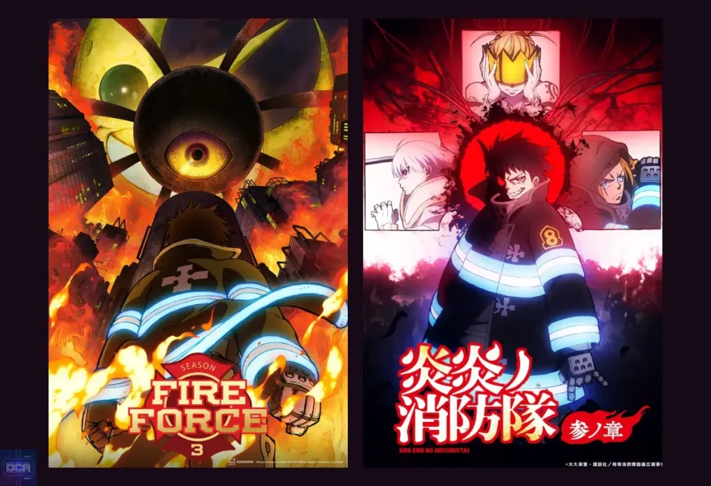 Novidades de Fire Force: Guia Completo e o Futuro da 3ª Temporada! 19 Montagem com os pôsteres oficiais que anunciam as novidades da 3ª temporada de Fire Force, destacando a nova identidade visual do Studio Shaft e o início do confronto final de Shinra.